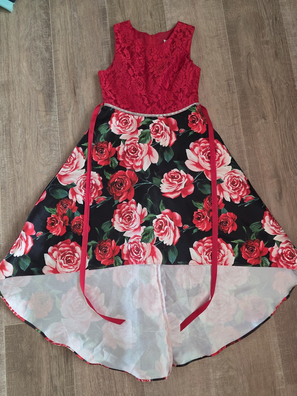 Red Lace Top Floral Hi-Low Dress